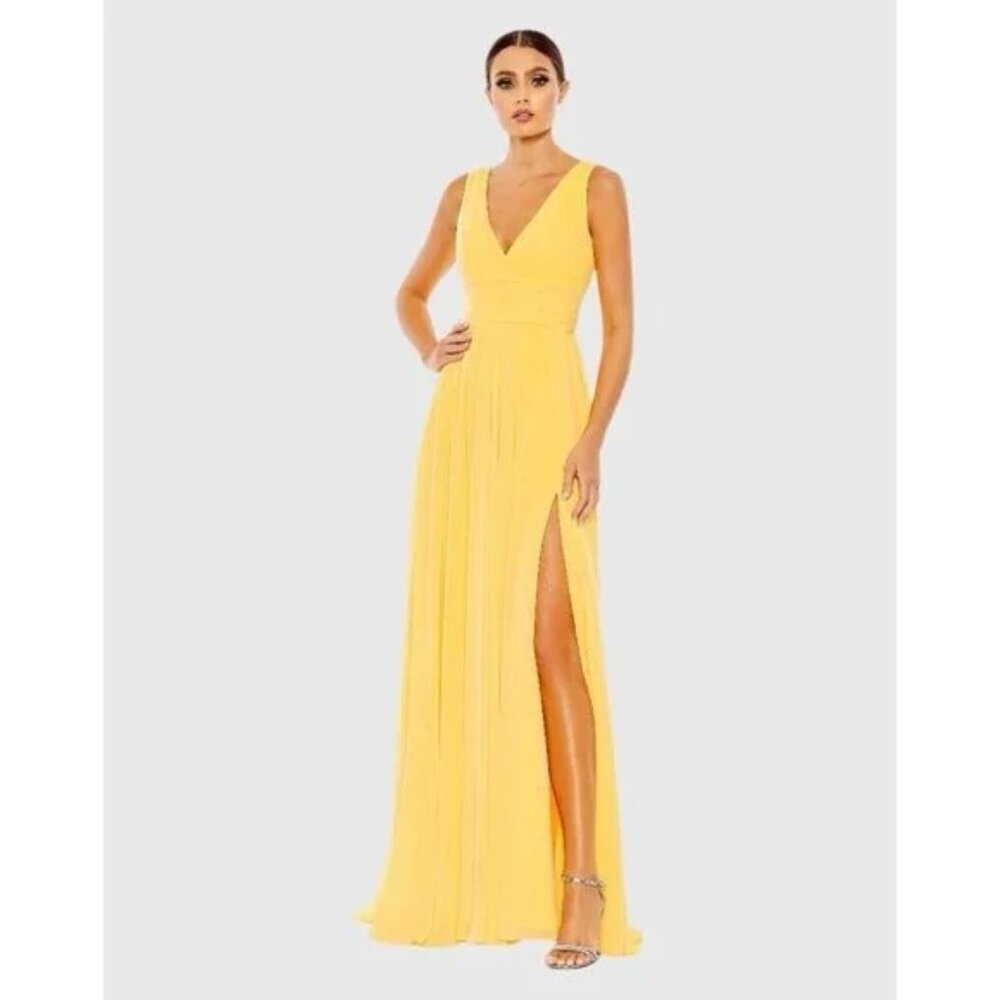 NWT Mac Duggal 55793 Butter Yellow Chiffon Evening Gown Size 18